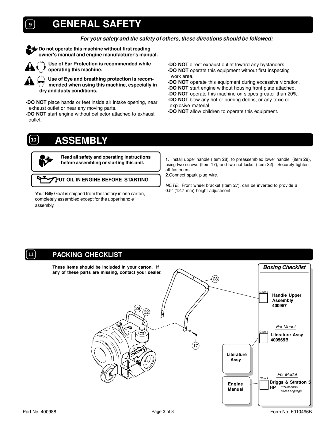 Billy Goat QB501CE owner manual General Safety, Assembly, Boxing Checklist, PUT OIL in Engine Before Starting, Per Model 