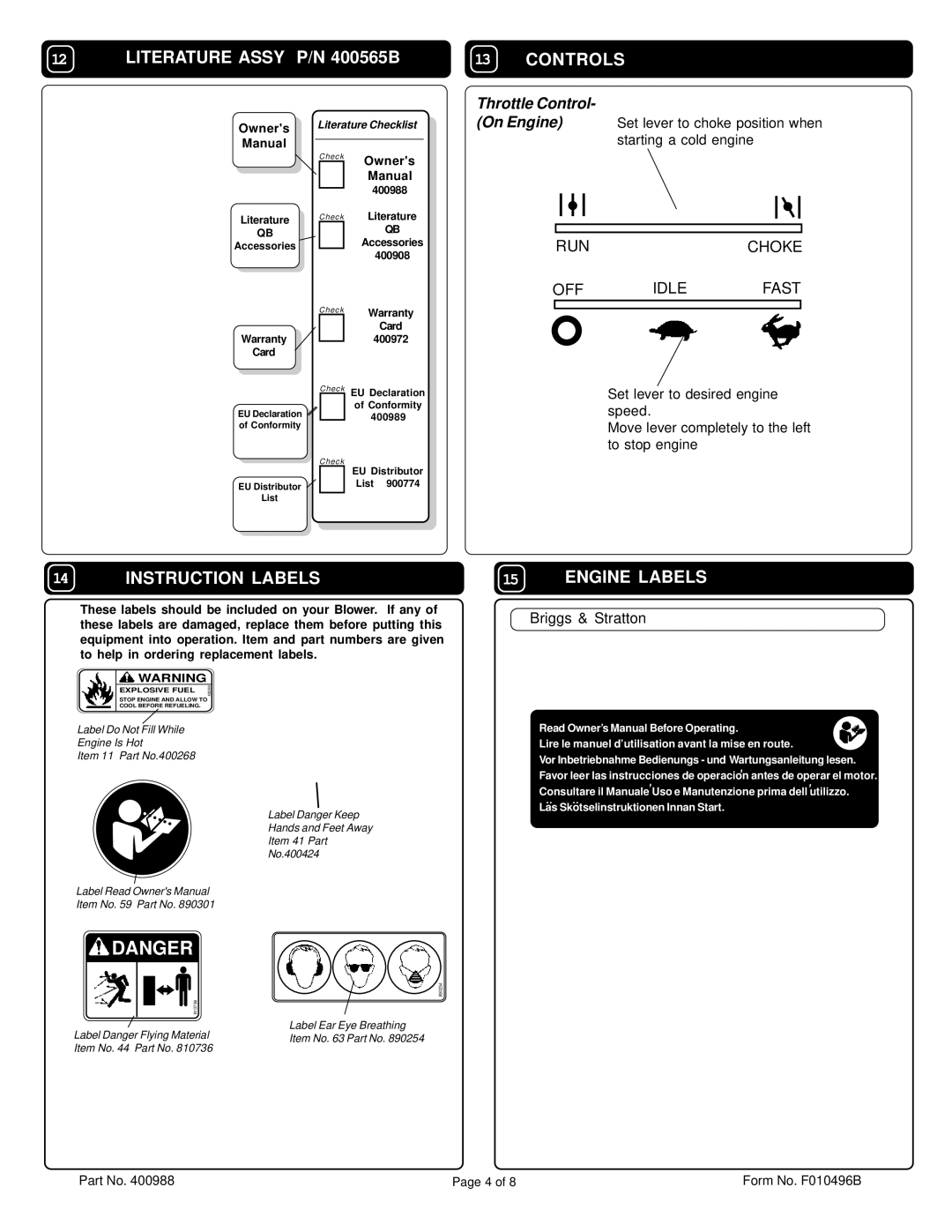 Billy Goat QB501CE owner manual Literature Assy P/N 400565B, Controls, Instruction Labels, Engine Labels, Throttle Control 