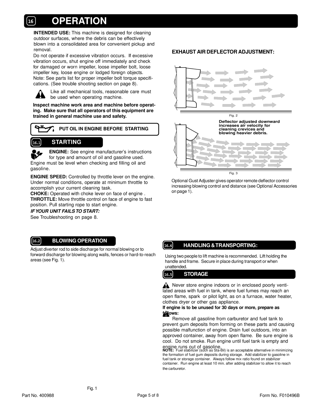 Billy Goat QB501CE owner manual Operation, Starting, Exhaust AIR Deflector Adjustment 