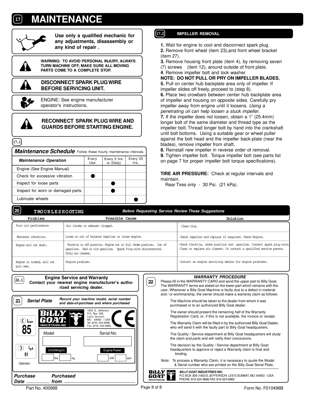 Billy Goat QB501CE owner manual Disconnect Spark Plug Wire Before Servicing Unit, Troubleshooting, Maintenance Operation 