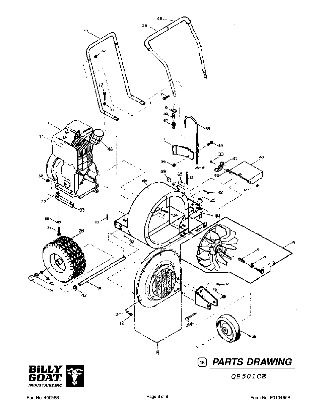 Billy Goat QB501CE owner manual Parts Drawing, Page 6 of, Form No. F010496B 