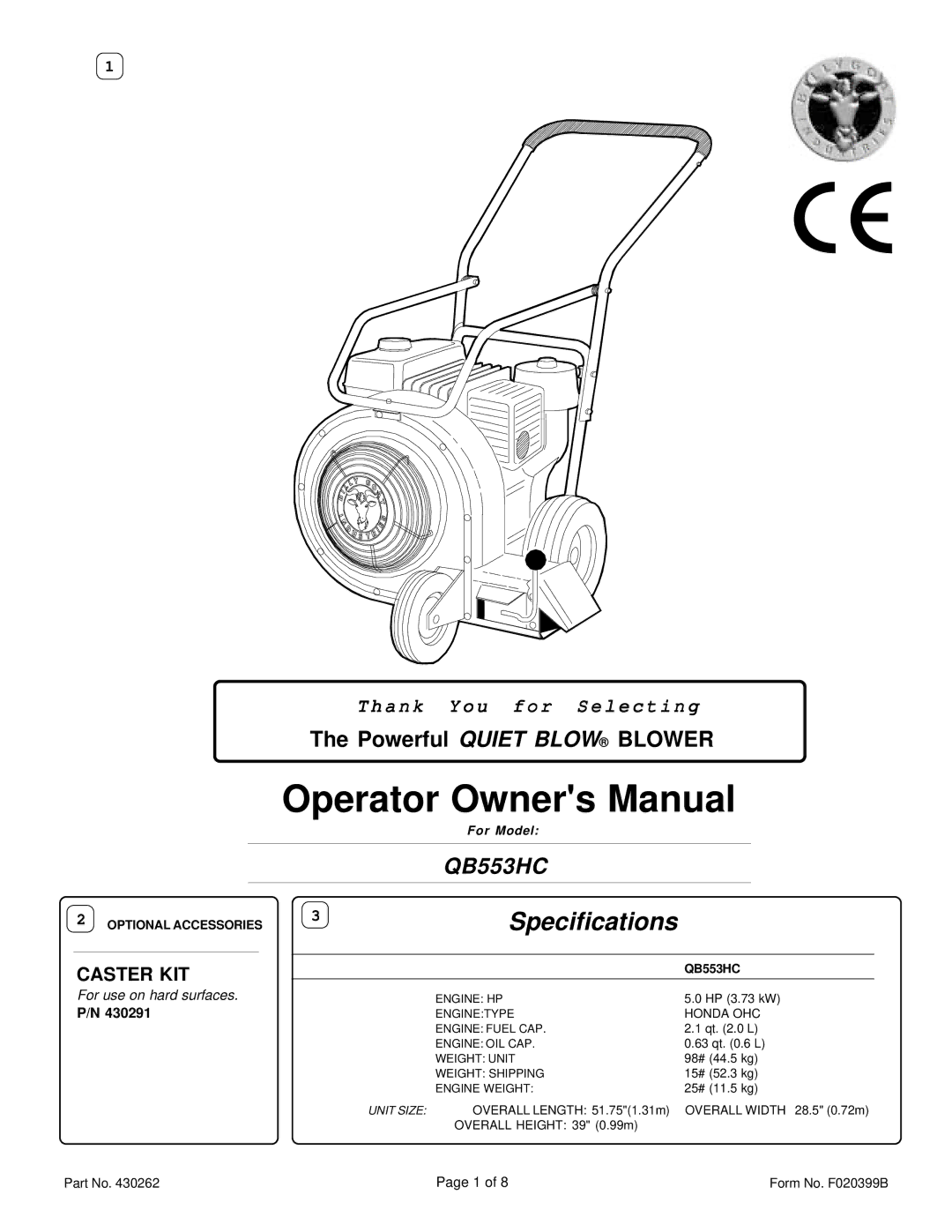 Billy Goat QB553HC specifications Caster KIT, For Model, Honda OHC 