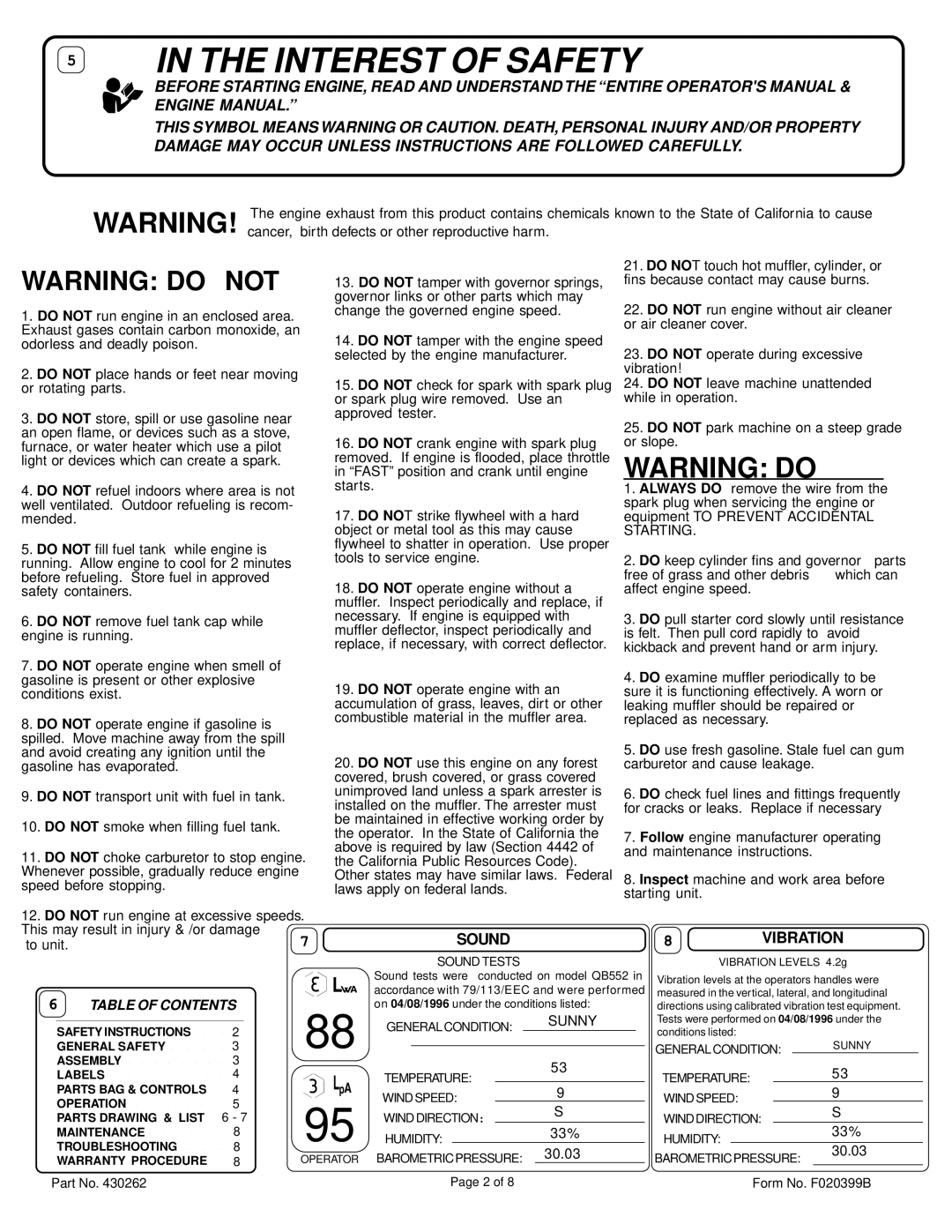 Billy Goat QB553HC specifications Interest of Safety, Sound 