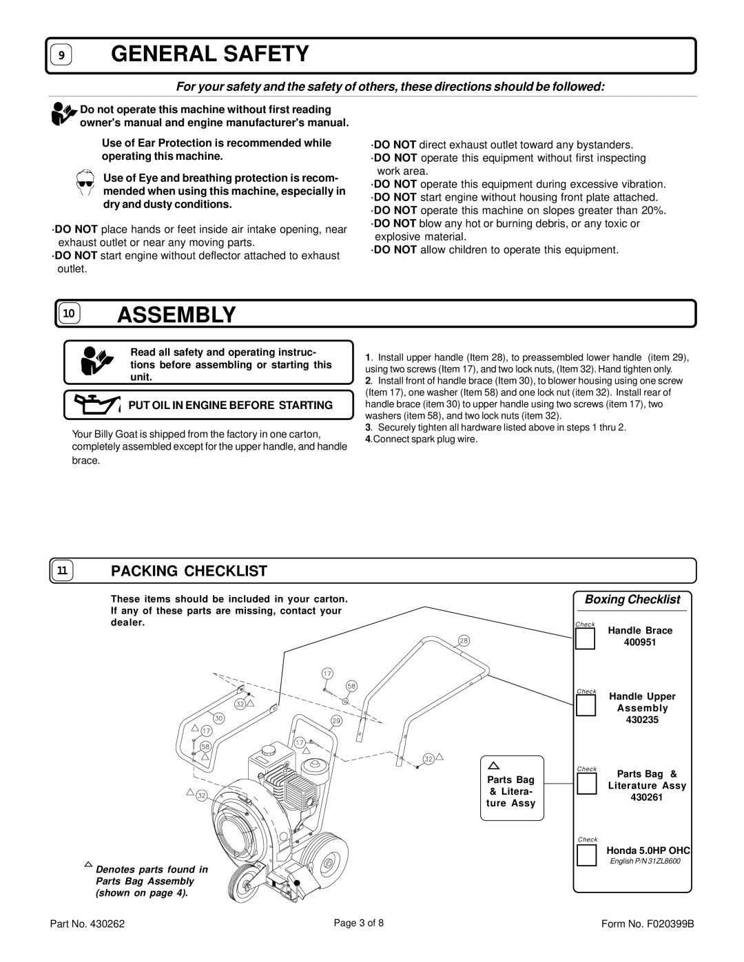 Billy Goat QB553HC specifications General Safety, Assembly, Packing Checklist, Boxing Checklist 