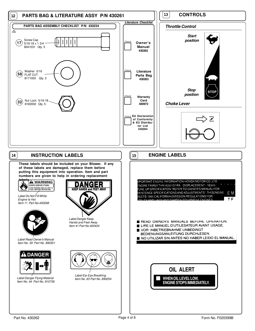 Billy Goat QB553HC Parts BAG & Literature Assy P/N Controls, Instruction Labels Engine Labels, Throttle Control 