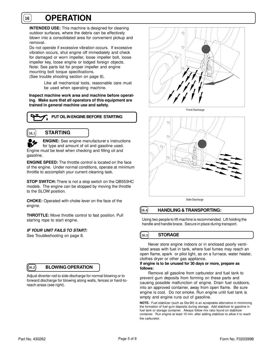 Billy Goat QB553HC specifications Starting, Handling & Transporting, Blowing Operation, Storage 