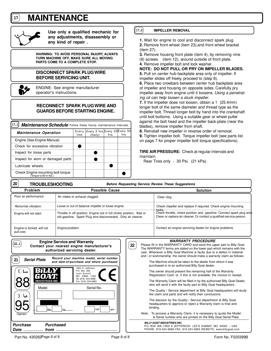 Billy Goat QB553HC specifications Disconnect Spark Plug Wire Before Servicing Unit, Troubleshooting 