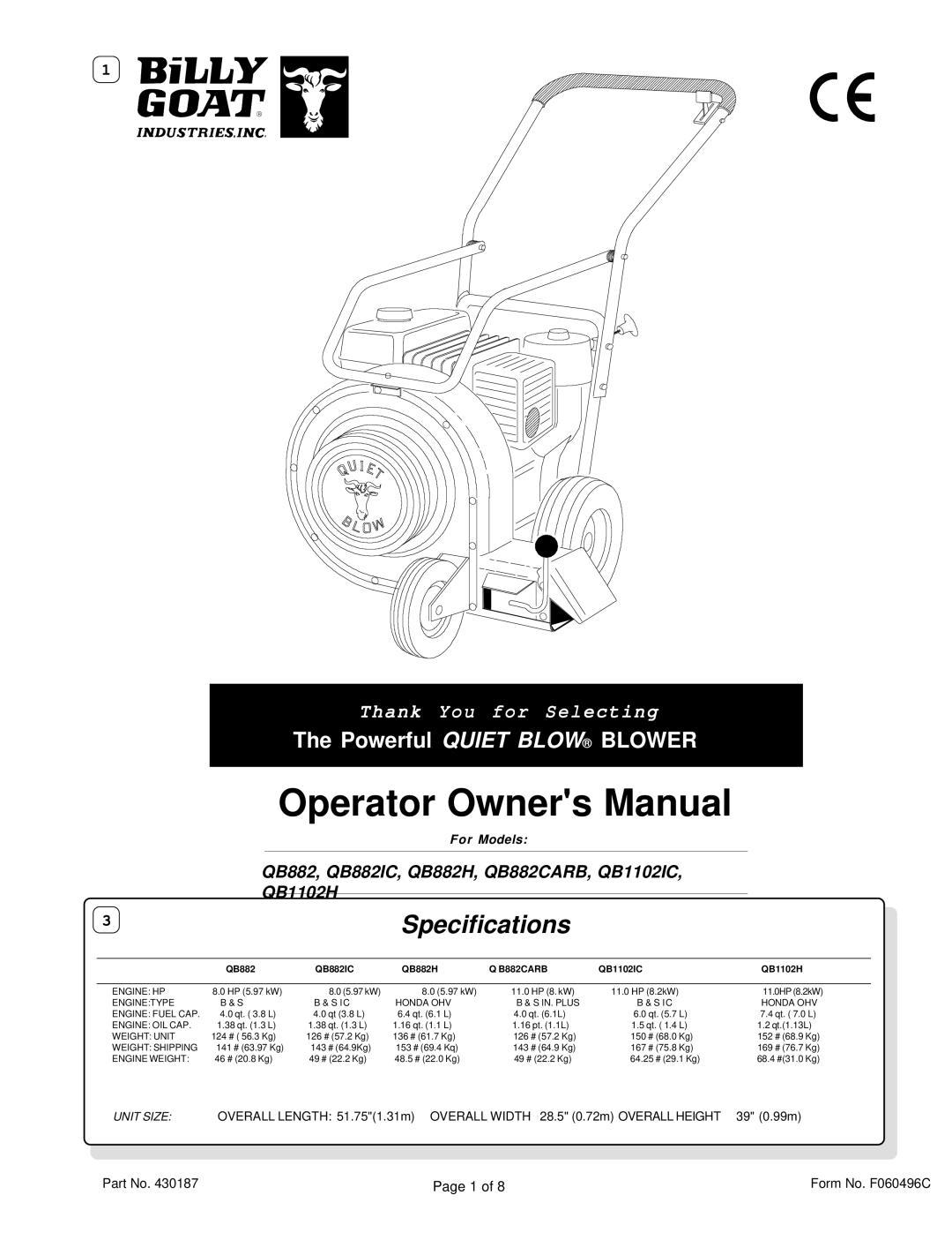 Billy Goat QB882 specifications Specifications 