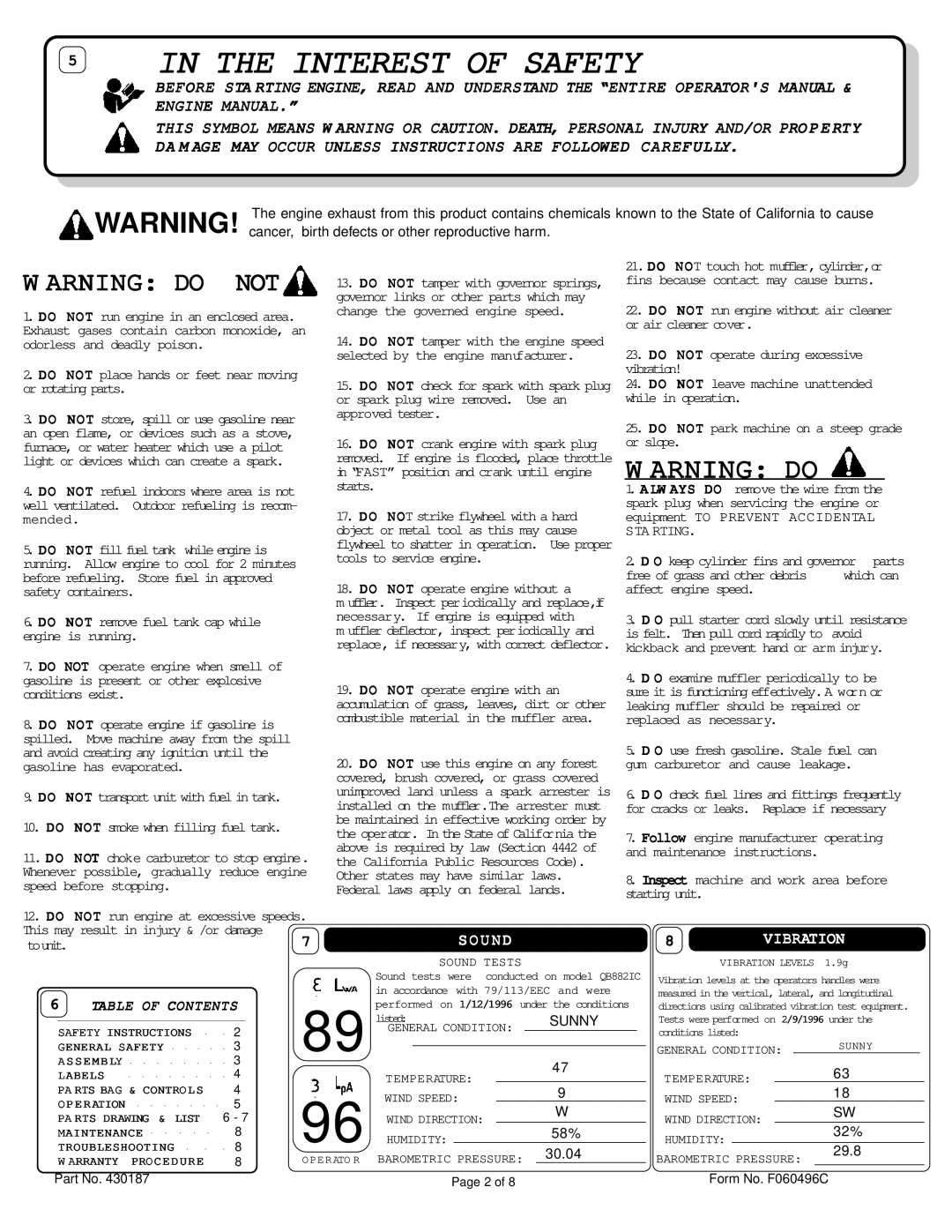 Billy Goat QB882 specifications Interest of Safety 