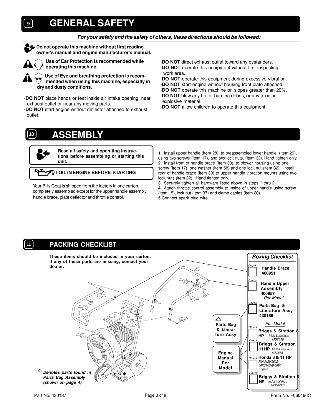 Billy Goat QB882 specifications General Safety, Assembly, Boxing Checklist, PUT OIL in Engine Before Starting 