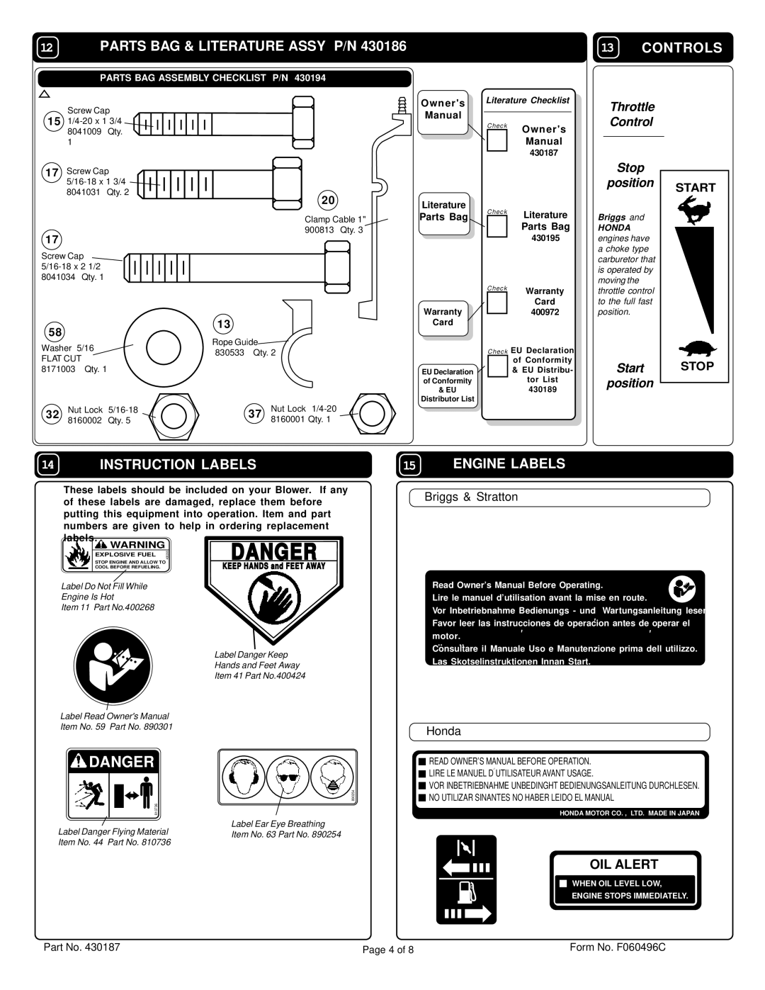 Billy Goat QB882 specifications Parts BAG & Literature Assy P/N Controls, Instruction Labels, Engine Labels 