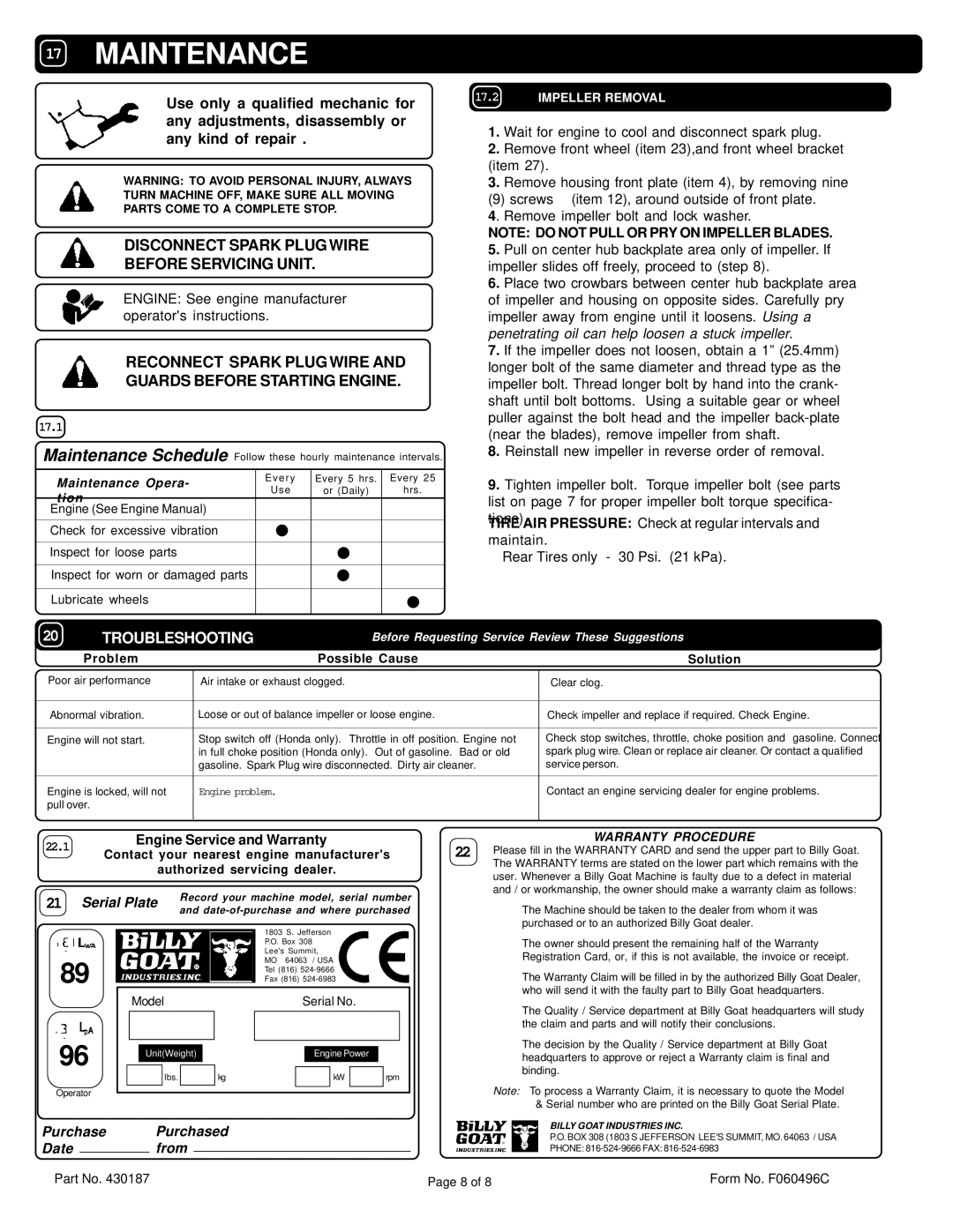 Billy Goat QB882 specifications Troubleshooting, Problem Possible Cause Solution 