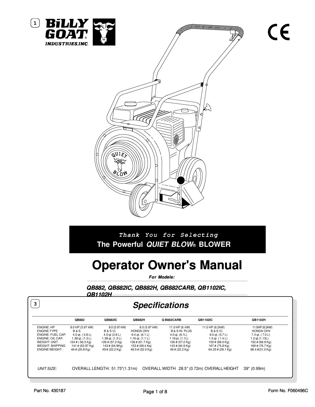 Billy Goat QB882 specifications Specifications, The Powerful QUIET BLOW BLOWER, Thank You for Selecting, For Models 
