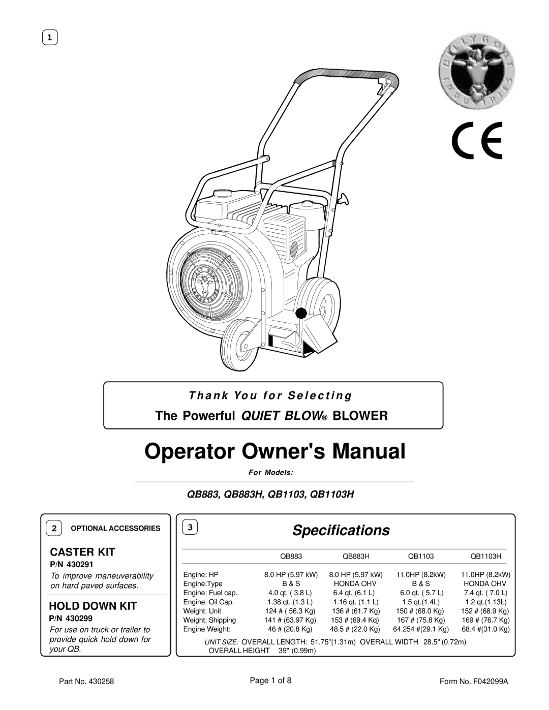 Billy Goat QB883, QB883H, QB1103, QB1103H specifications Caster KIT, Hold Down KIT, For Models, Honda OHV 