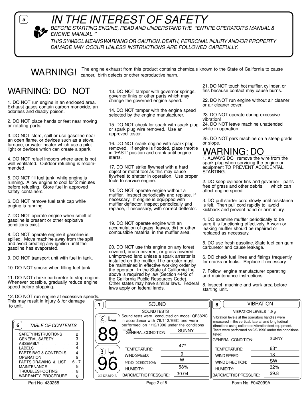 Billy Goat QB883, QB883H, QB1103, QB1103H specifications Interest of Safety, Sound 