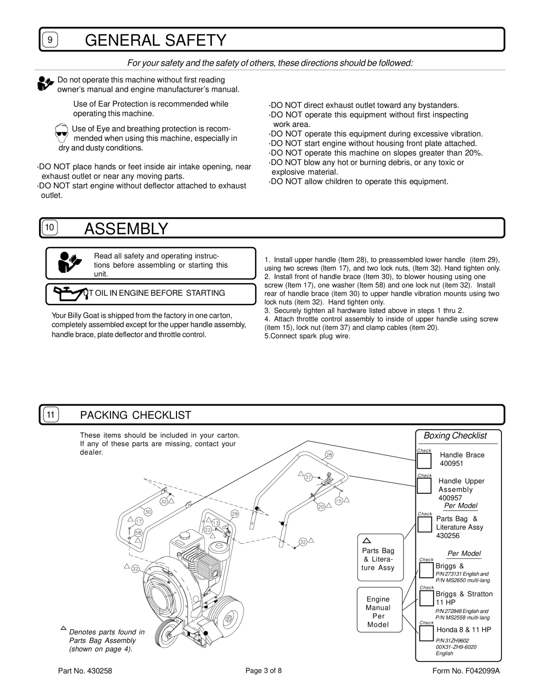 Billy Goat QB883, QB883H, QB1103, QB1103H specifications General Safety, Assembly, Packing Checklist, Boxing Checklist 