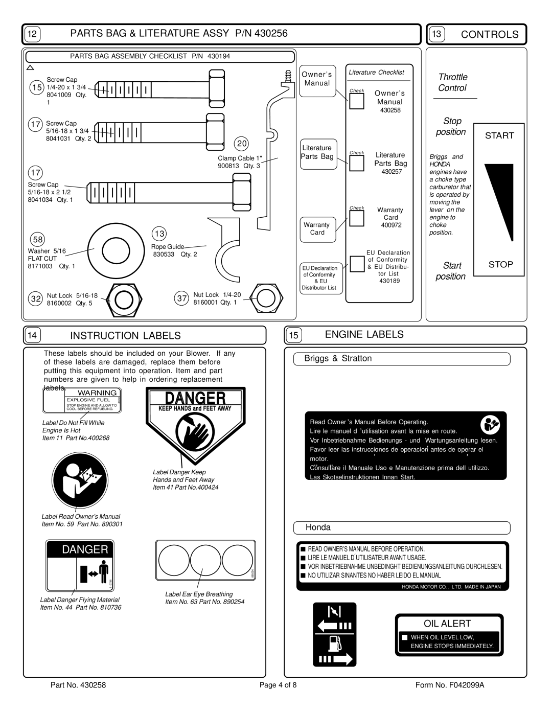 Billy Goat QB883, QB883H, QB1103, QB1103H Parts BAG & Literature Assy P/N Controls, Instruction Labels, Engine Labels 