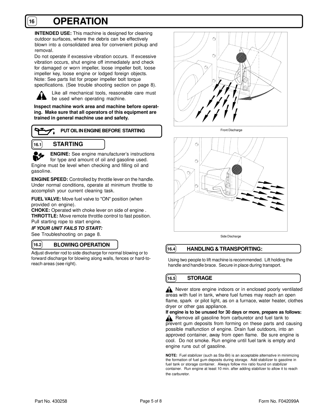 Billy Goat QB883, QB883H, QB1103, QB1103H specifications Starting, Blowing Operation, Handling & Transporting, Storage 