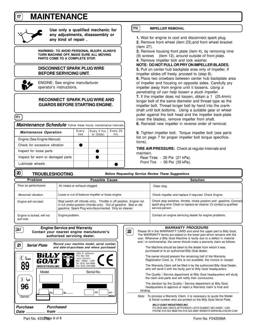 Billy Goat QB883, QB883H, QB1103, QB1103H specifications Disconnect Spark Plug Wire Before Servicing Unit, Troubleshooting 