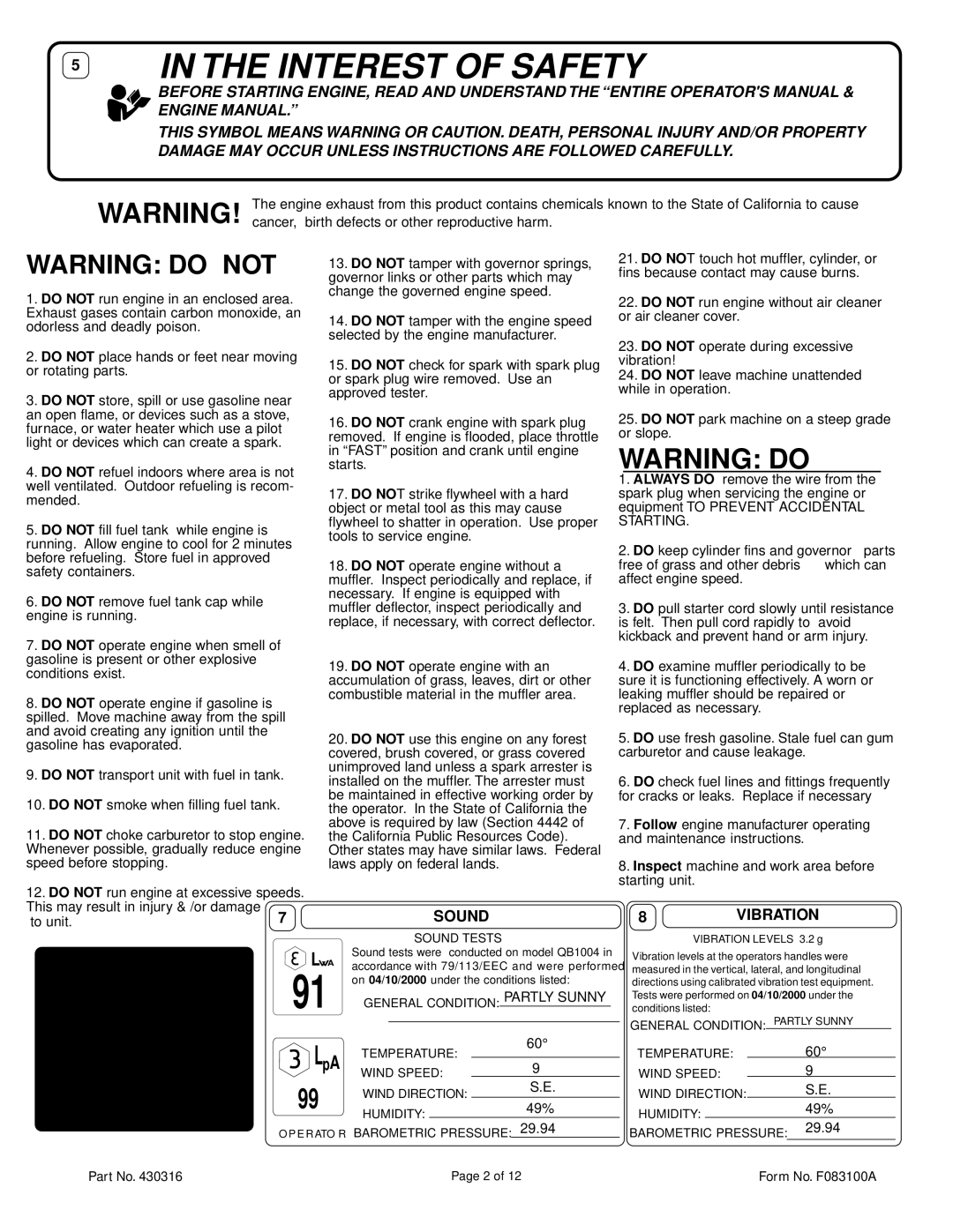 Billy Goat QB1104H, QB884H, QB1004 specifications Interest of Safety, Sound Vibration 