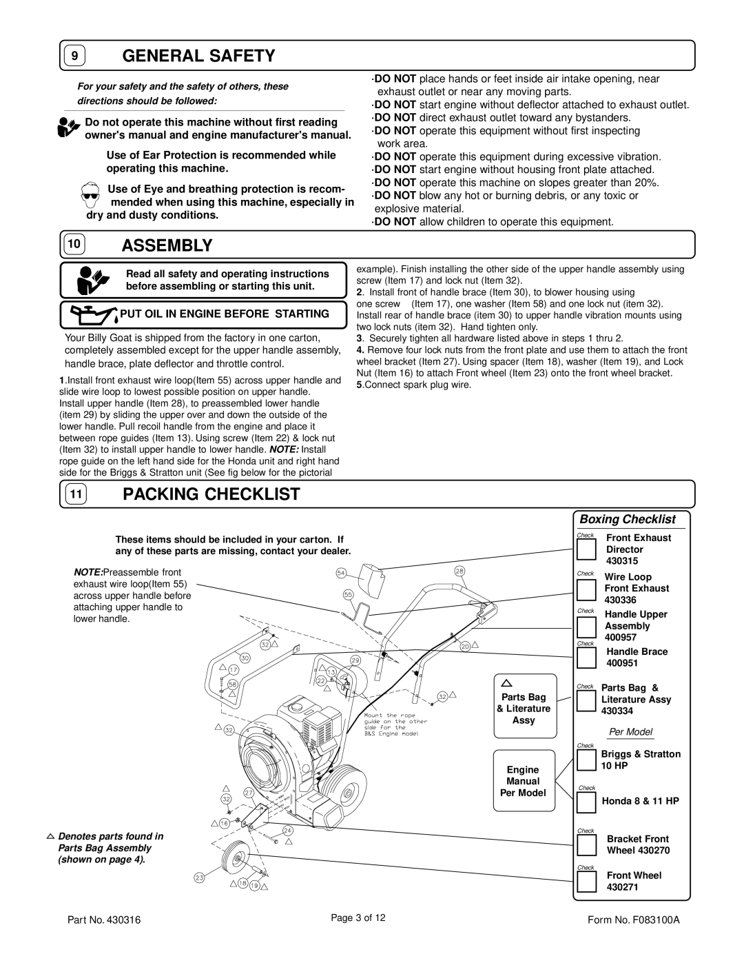 Billy Goat QB884H, QB1004, QB1104H specifications General Safety, Assembly, Packing Checklist 