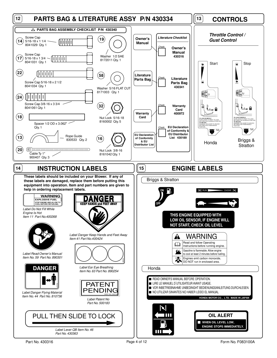 Billy Goat QB1004, QB884H, QB1104H specifications Parts BAG & Literature Assy P/N, Controls, Instruction Labels Engine Labels 