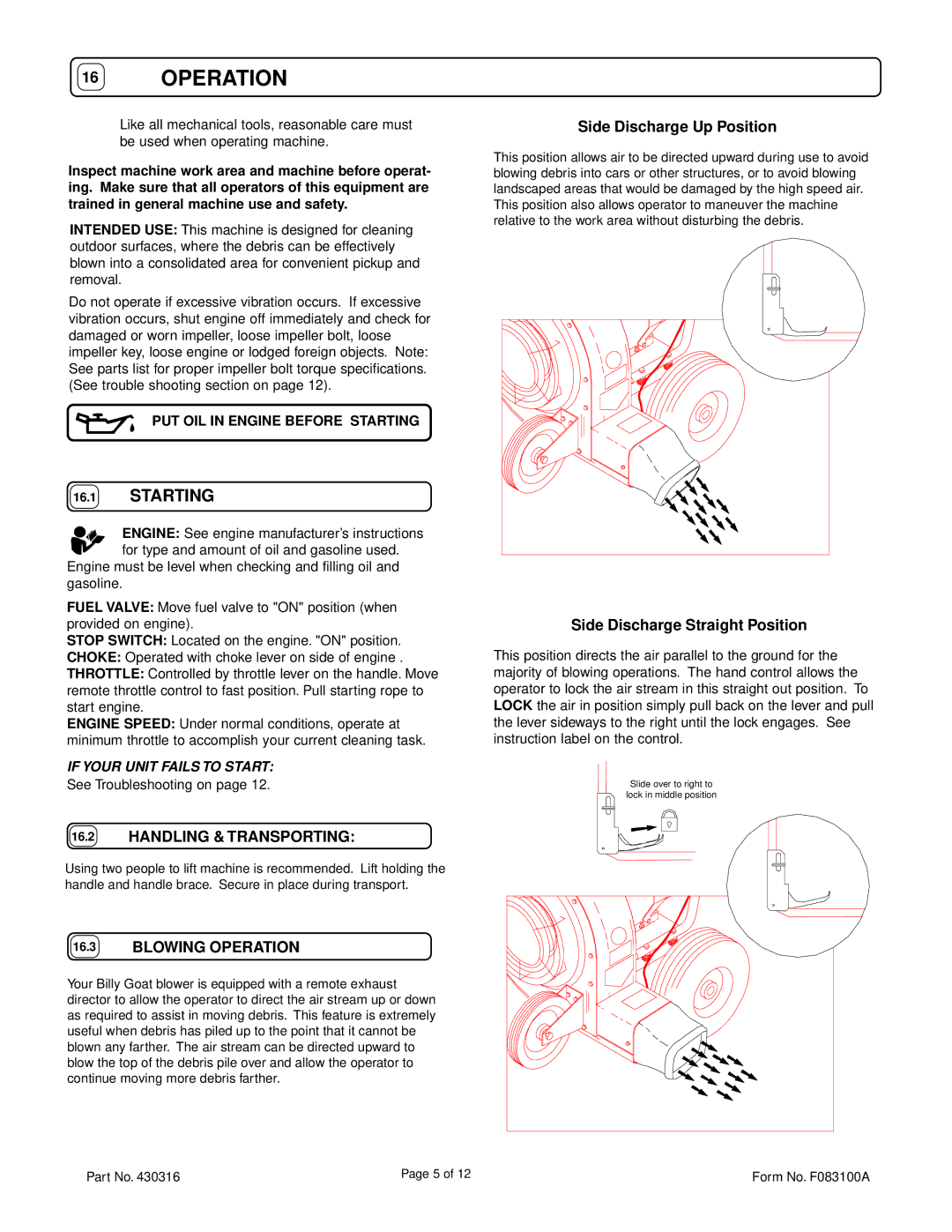 Billy Goat QB1104H, QB884H, QB1004 specifications Handling & Transporting, Blowing Operation, Side Discharge Up Position 