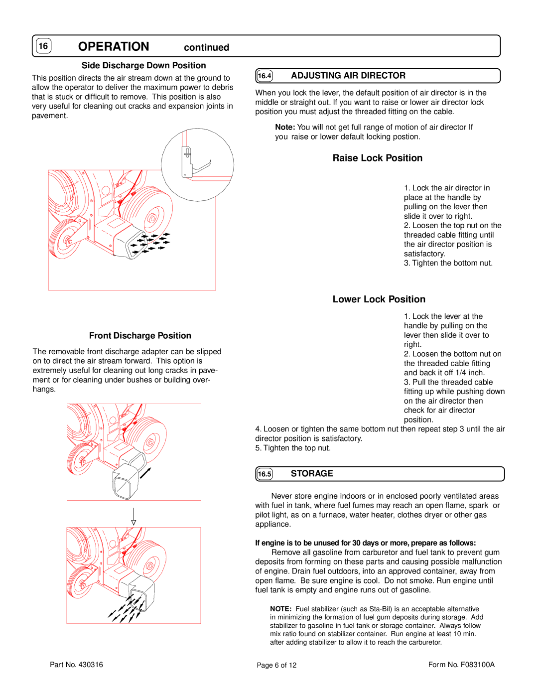 Billy Goat QB884H Operation, Side Discharge Down Position, Adjusting AIR Director, Front Discharge Position, Storage 