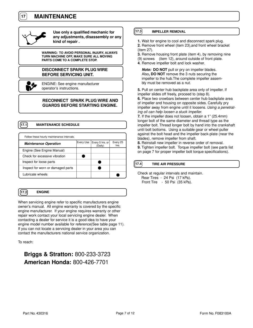 Billy Goat QB1004, QB884H Maintenance, Briggs & Stratton American Honda, Disconnect Spark Plug Wire Before Servicing Unit 