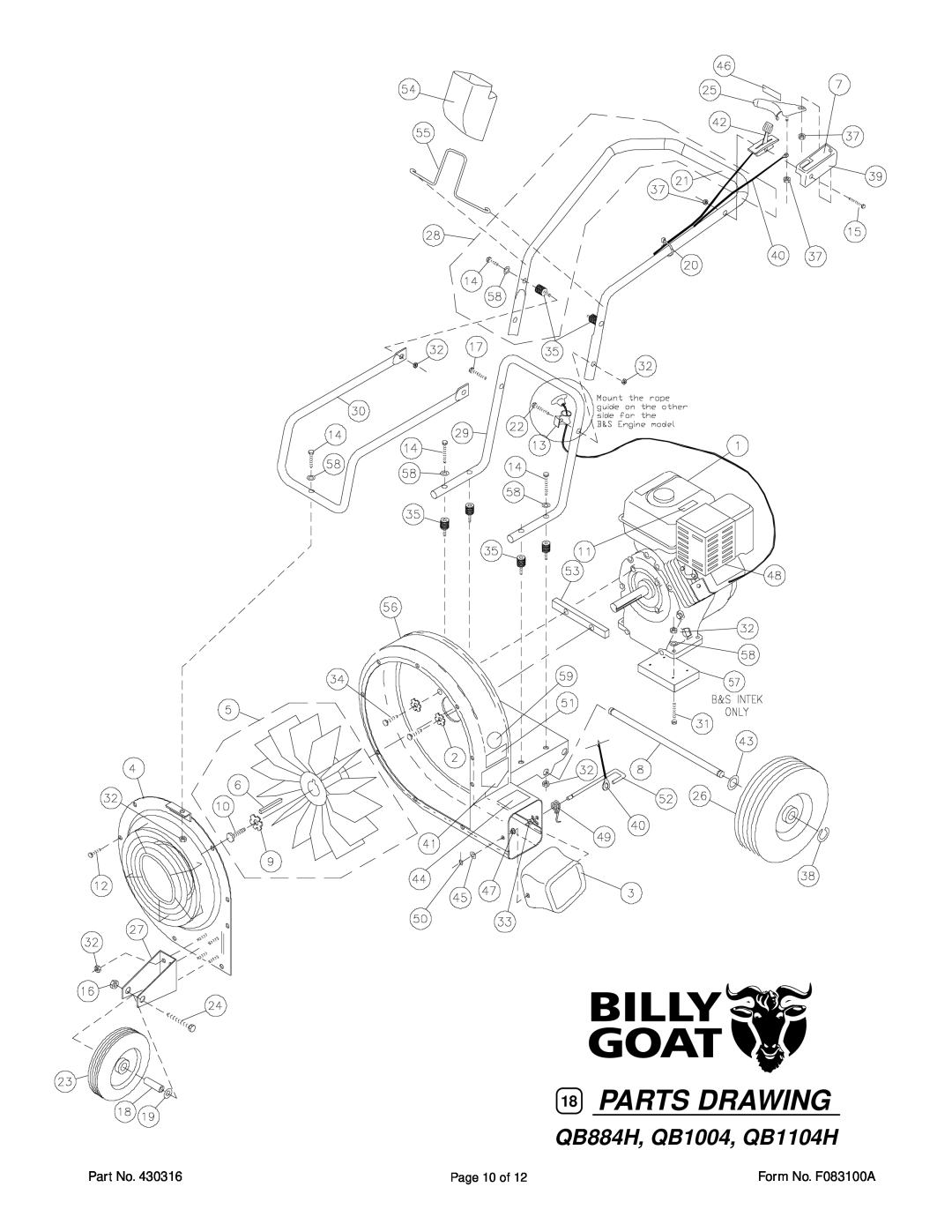 Billy Goat specifications Parts Drawing, QB884H, QB1004, QB1104H 