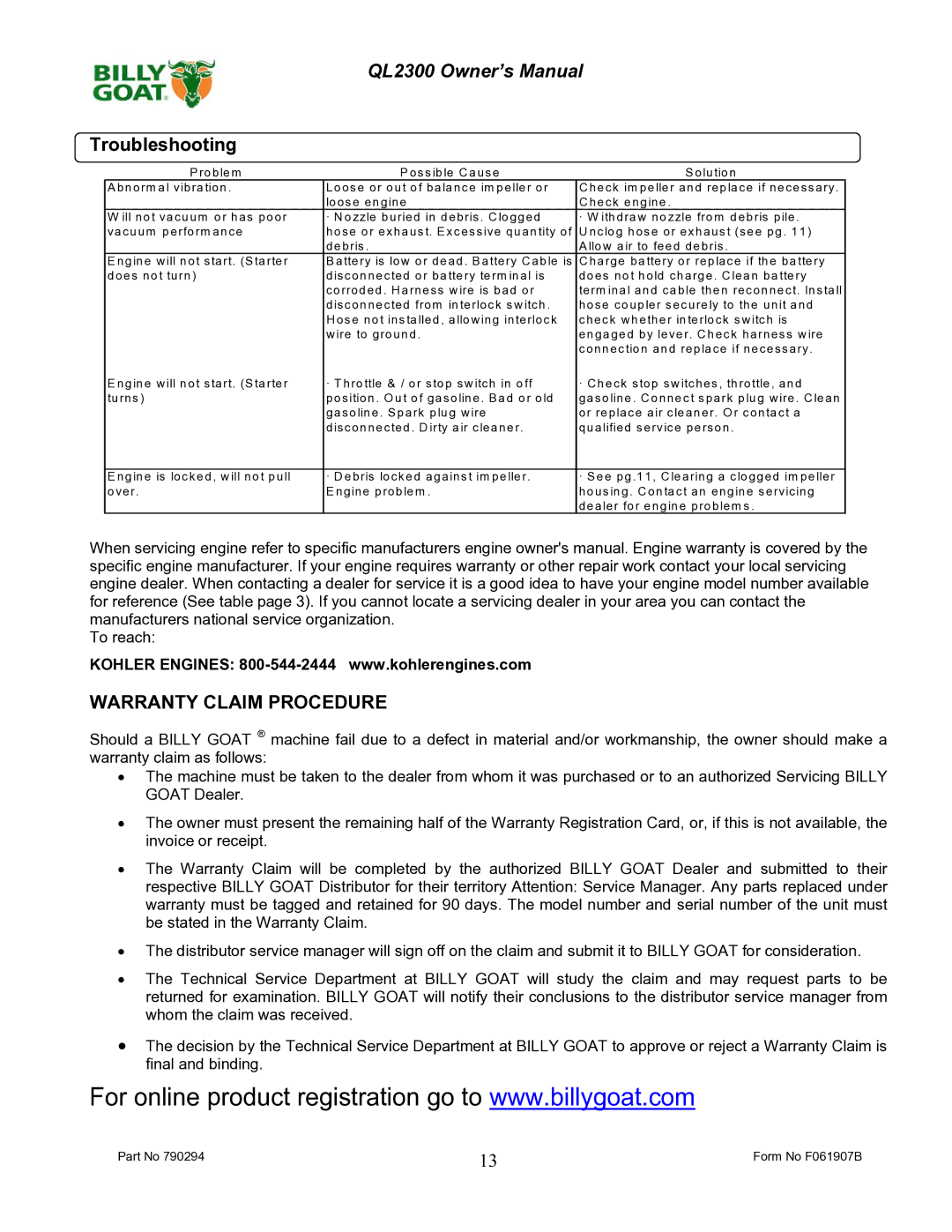 Billy Goat QL2300 owner manual Troubleshooting, Warranty Claim Procedure 