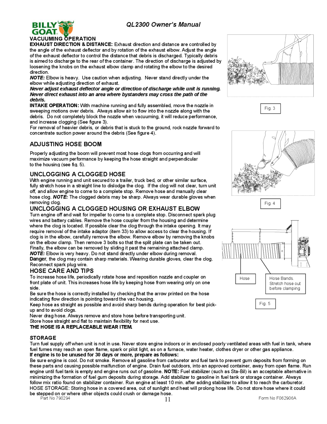 Billy Goat QL2300KO owner manual Adjusting Hose Boom 