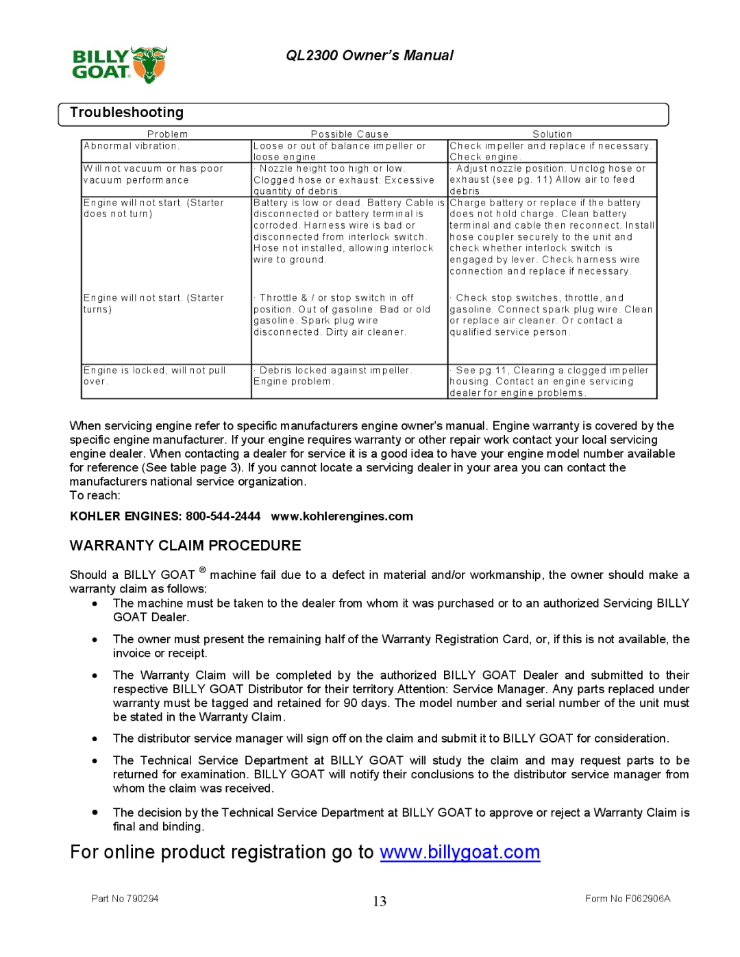 Billy Goat QL2300KO owner manual Troubleshooting, Warranty Claim Procedure 