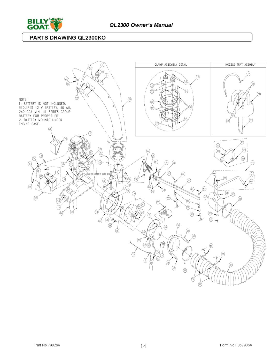 Billy Goat owner manual Parts Drawing QL2300KO 