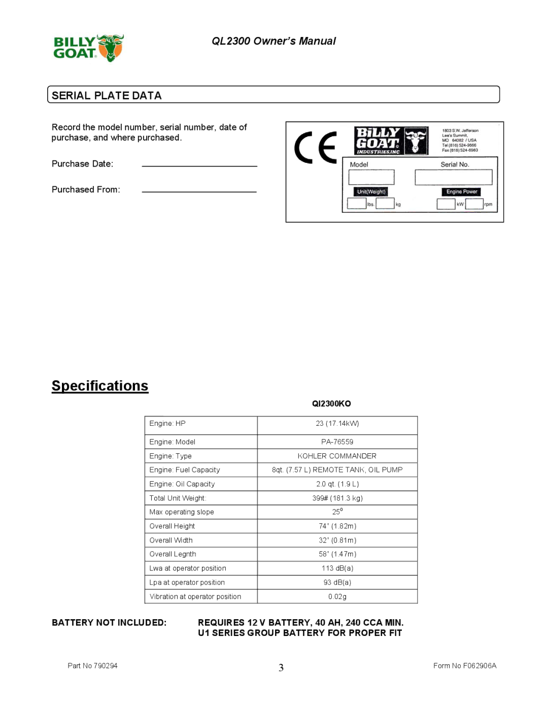 Billy Goat QL2300KO owner manual Specifications, Serial Plate Data 