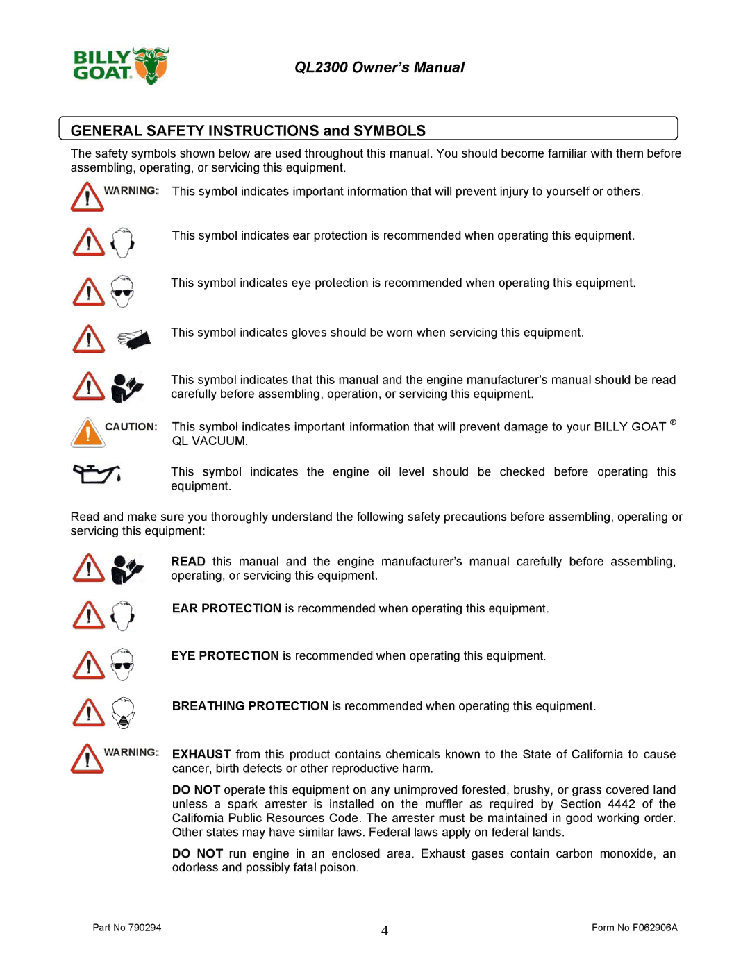 Billy Goat QL2300KO owner manual General Safety Instructions and Symbols 