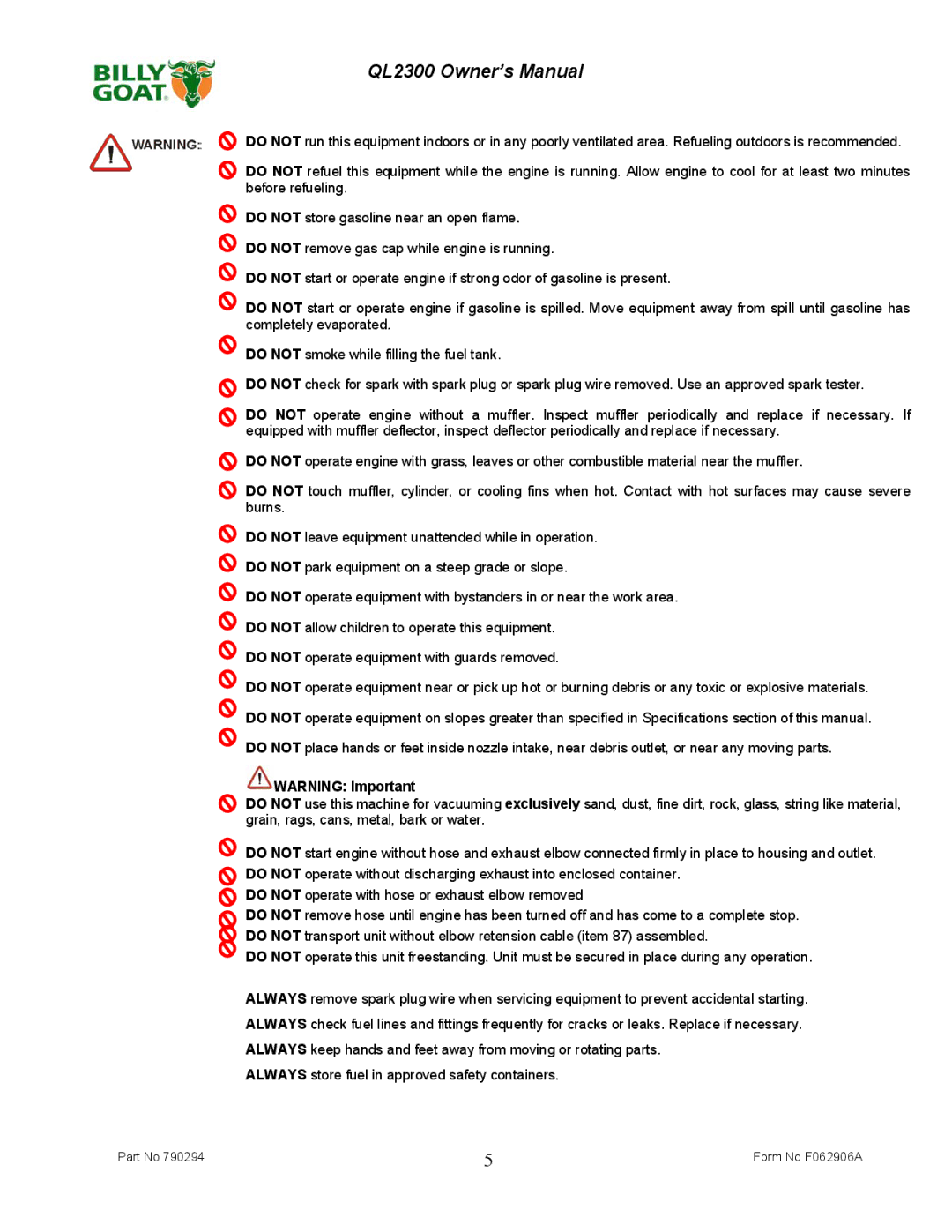 Billy Goat QL2300KO owner manual Form No F062906A 