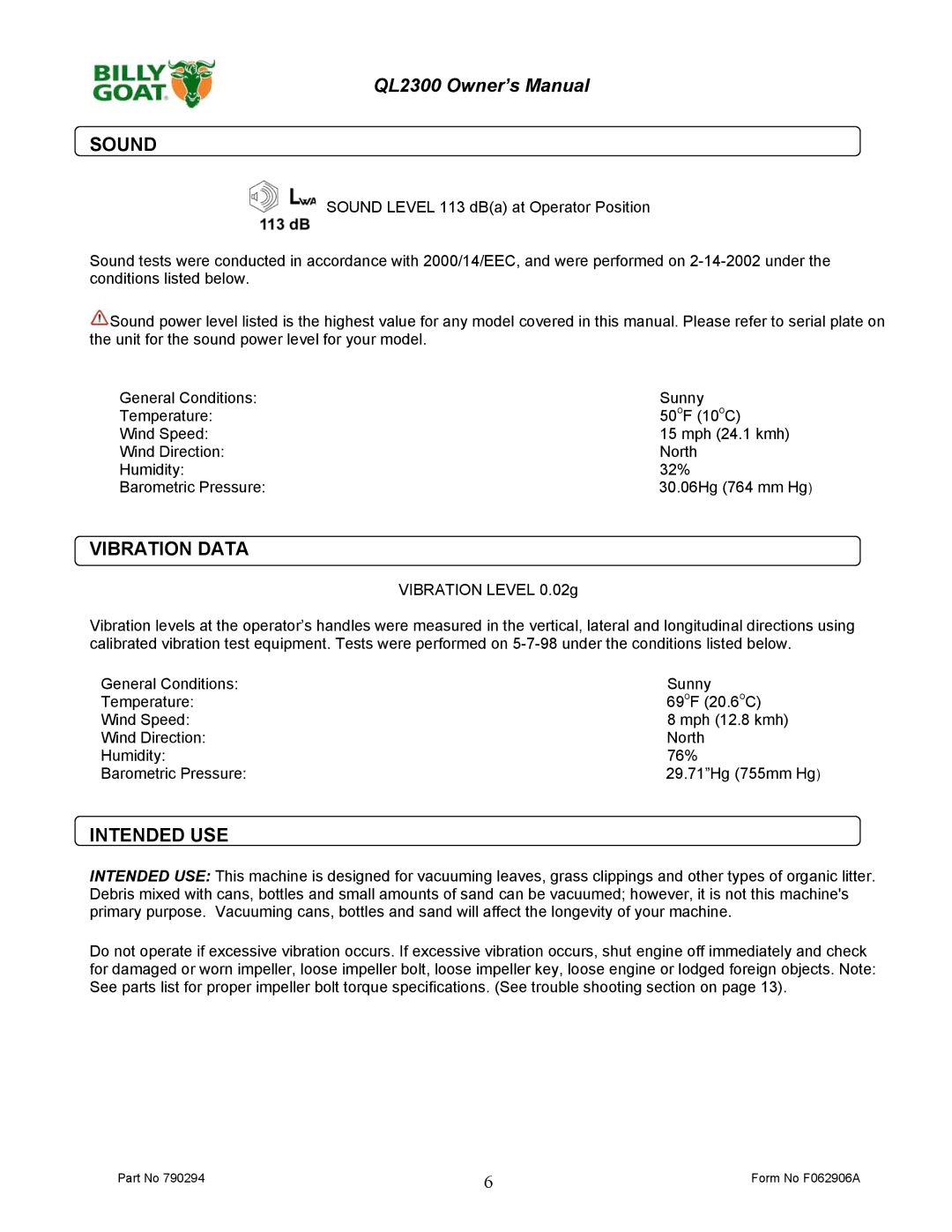 Billy Goat QL2300KO owner manual Sound, Vibration Data, Intended USE 