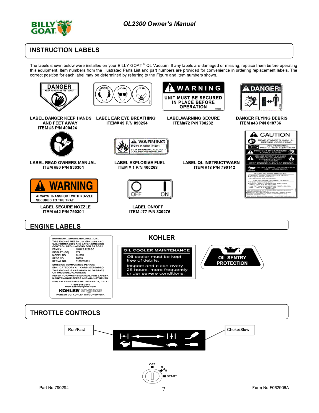 Billy Goat QL2300KO owner manual Instruction Labels, Engine Labels Kohler Throttle Controls 