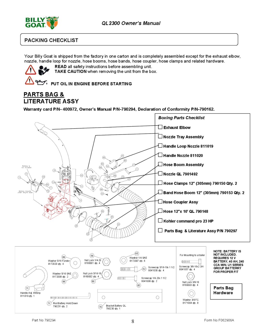 Billy Goat QL2300KO owner manual Parts BAG Literature Assy, Packing Checklist 