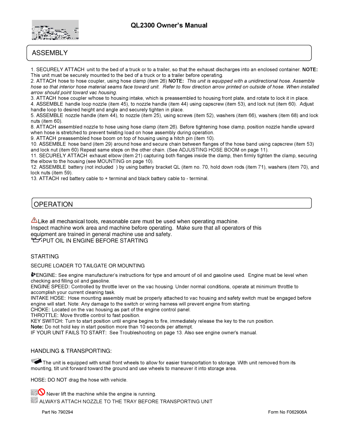 Billy Goat QL2300KO owner manual Assembly, Operation 