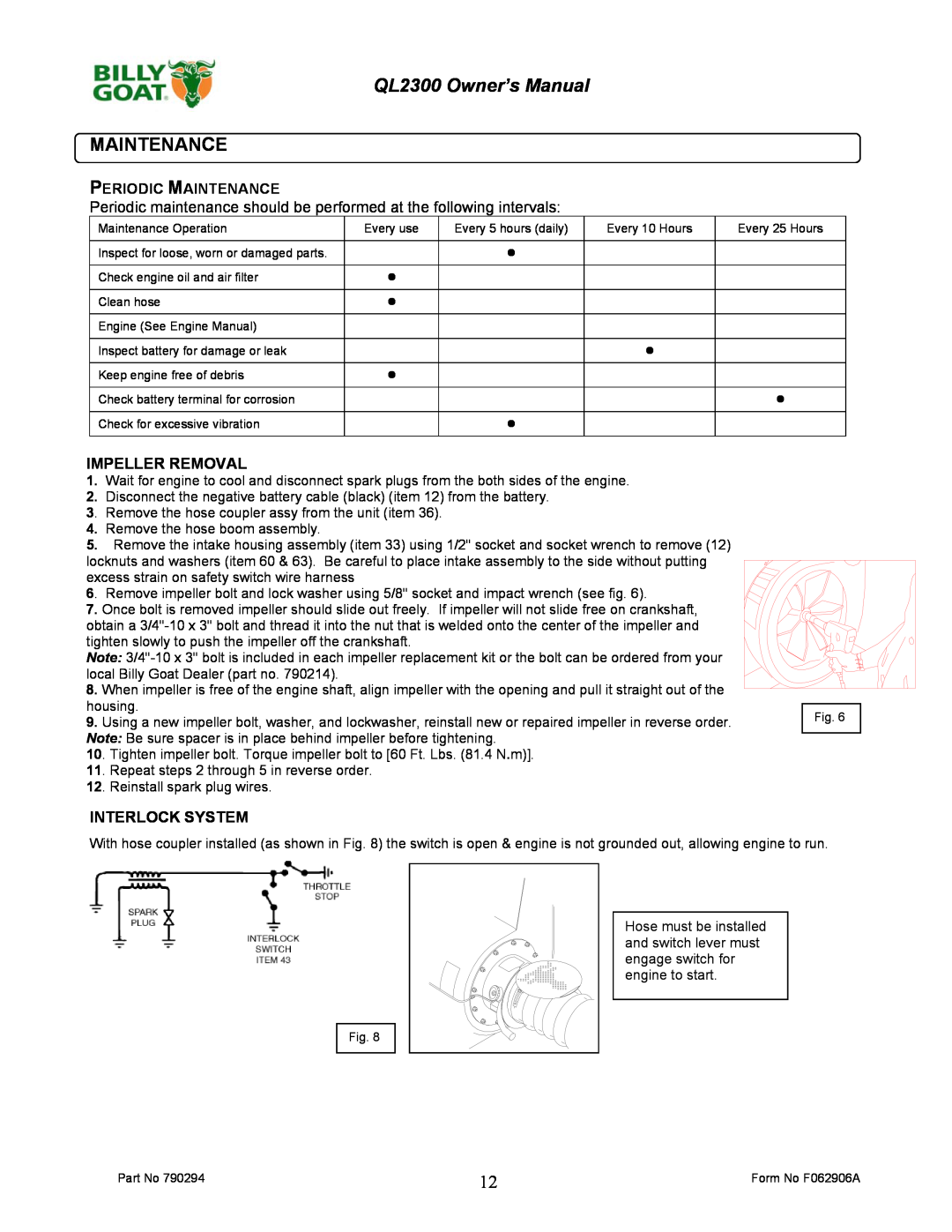 Billy Goat QL2300KO owner manual Periodic Maintenance, Impeller Removal, Interlock System 