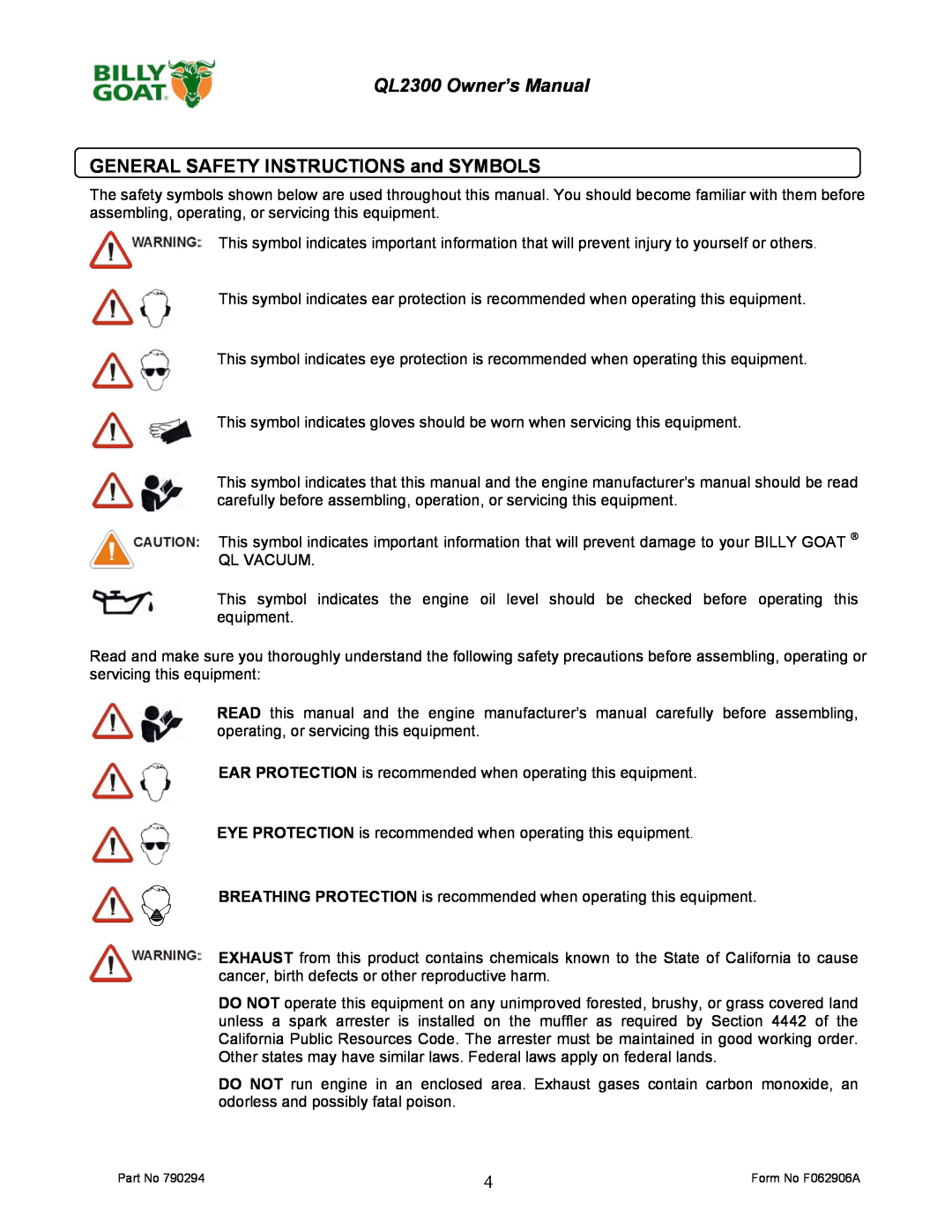 Billy Goat QL2300KO owner manual GENERAL SAFETY INSTRUCTIONS and SYMBOLS, QL2300 Owner’s Manual 