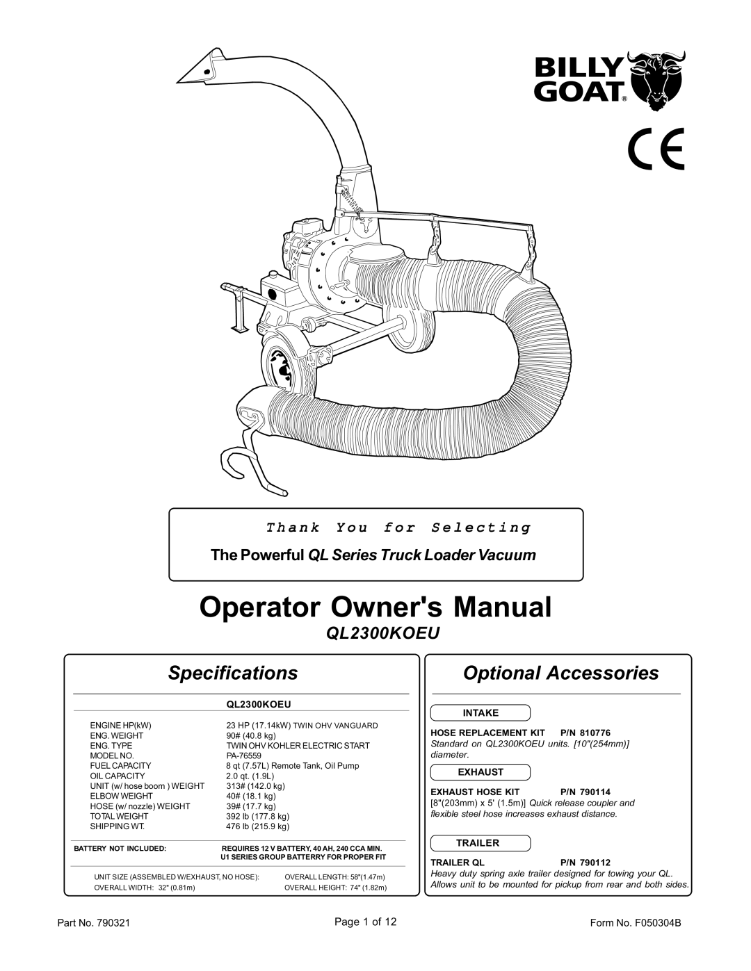 Billy Goat QL2300KOEU specifications Intake Hose Replacement KIT P/N, Exhaust Exhaust Hose KIT, Trailer Trailer QL 