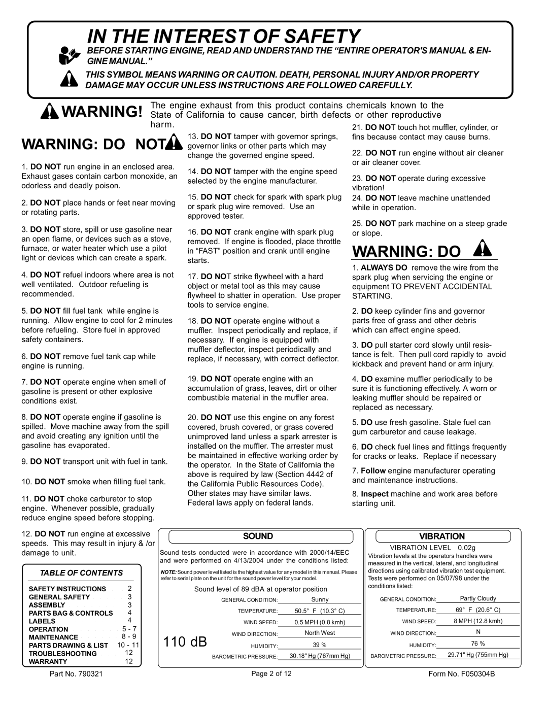 Billy Goat QL2300KOEU specifications Sound, Table of Contents 