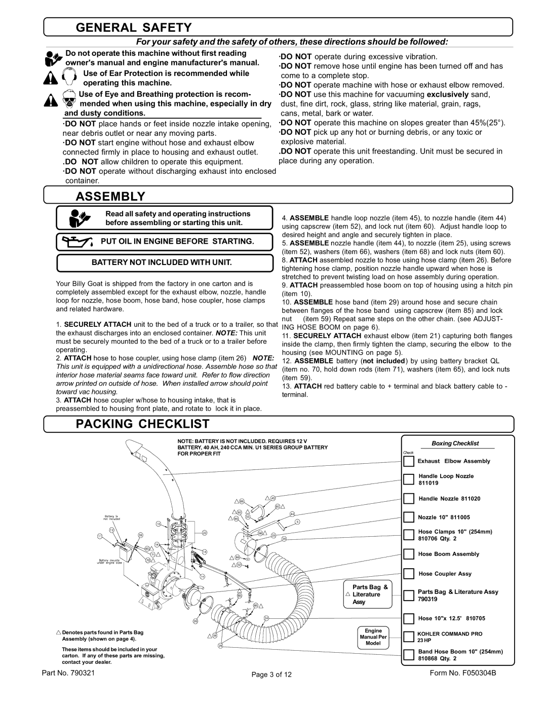 Billy Goat QL2300KOEU specifications General Safety, Assembly, Packing Checklist 