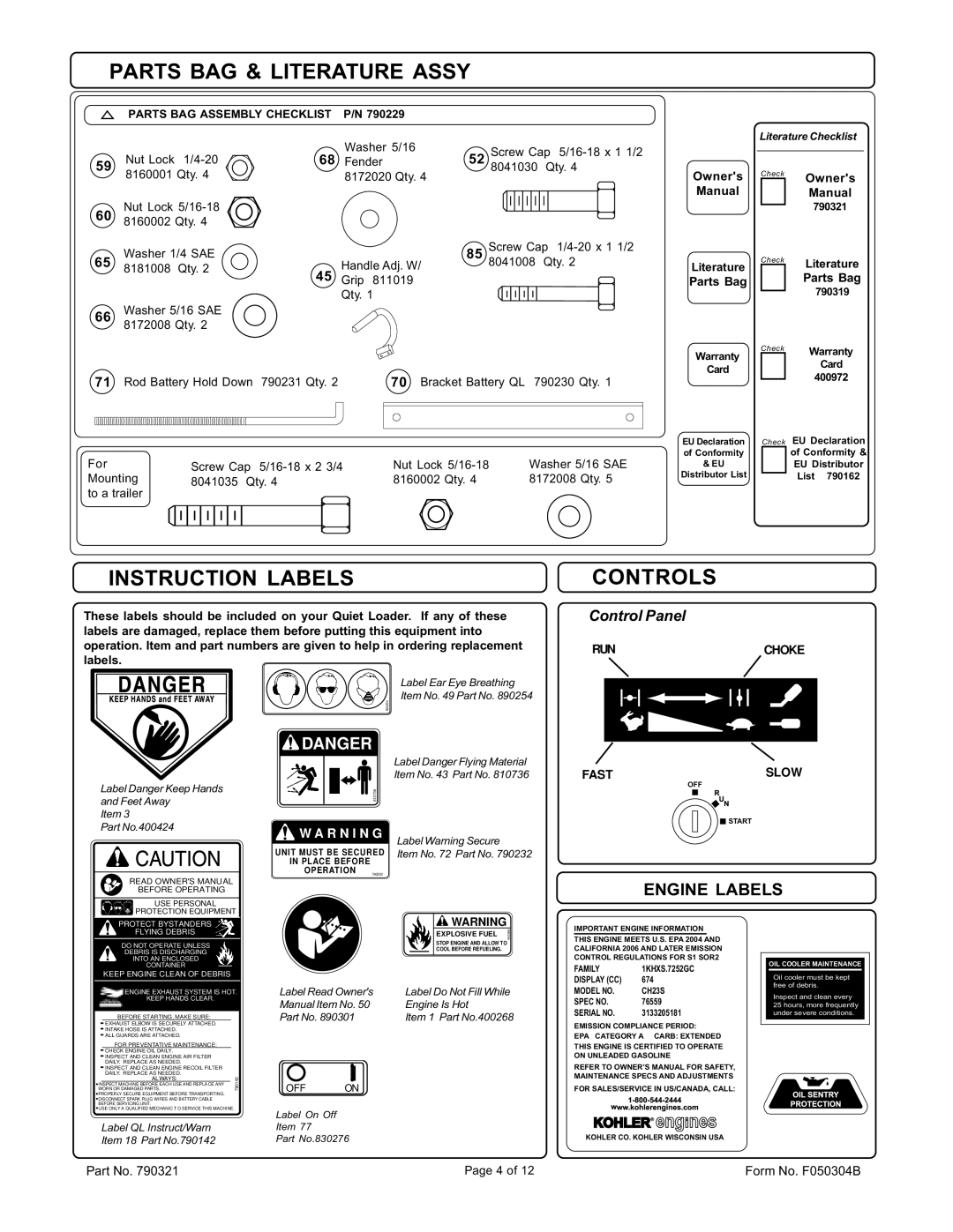 Billy Goat QL2300KOEU Parts BAG & Literature Assy, Instruction Labels, Controls, Parts BAG Assembly Checklist 