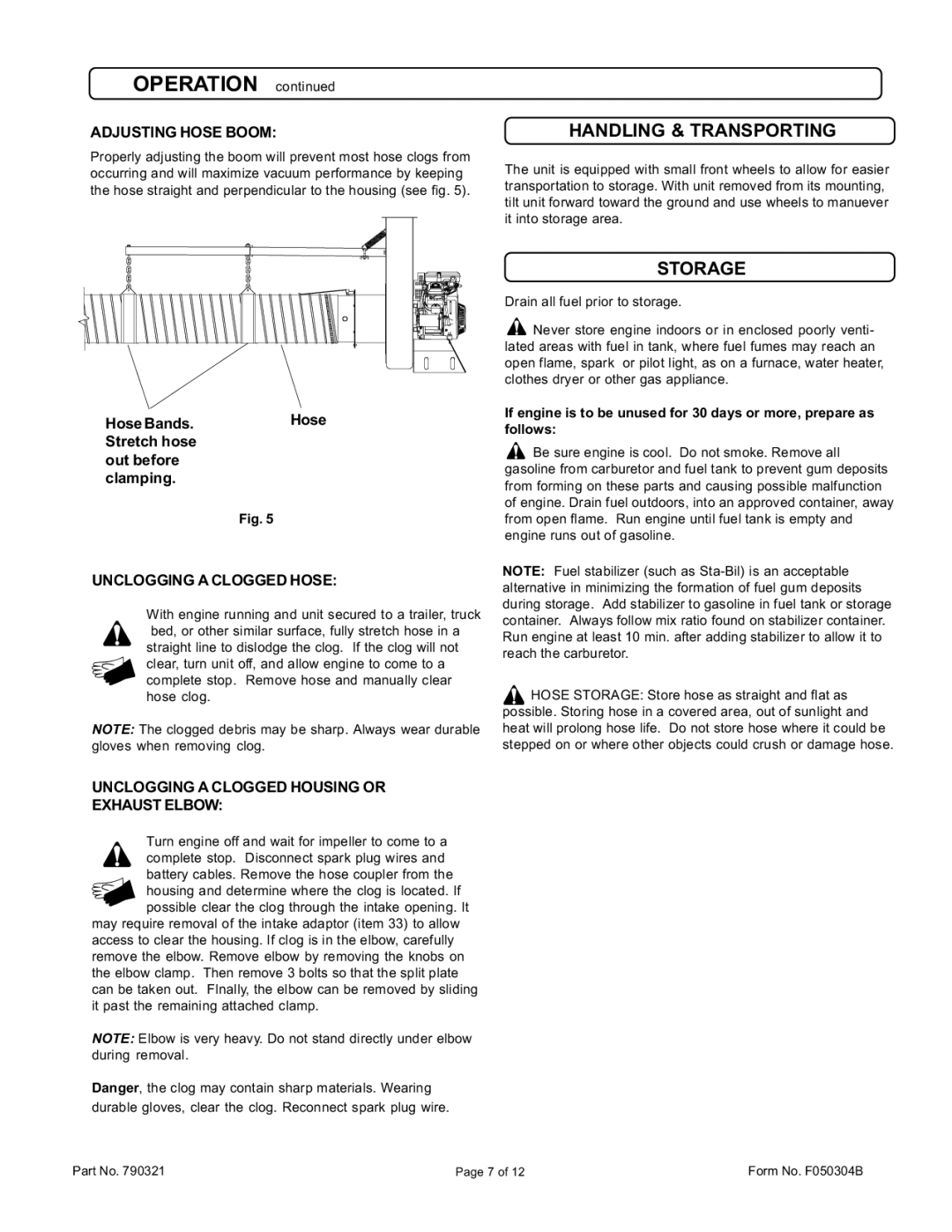 Billy Goat QL2300KOEU specifications Handling & Transporting, Storage, Adjusting Hose Boom, Unclogging a Clogged Hose 