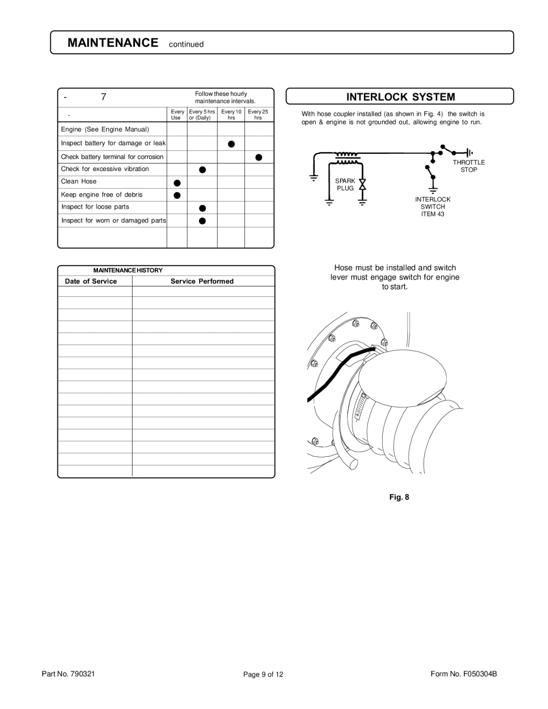 Billy Goat QL2300KOEU specifications Interlock System, Maintenance intervals 