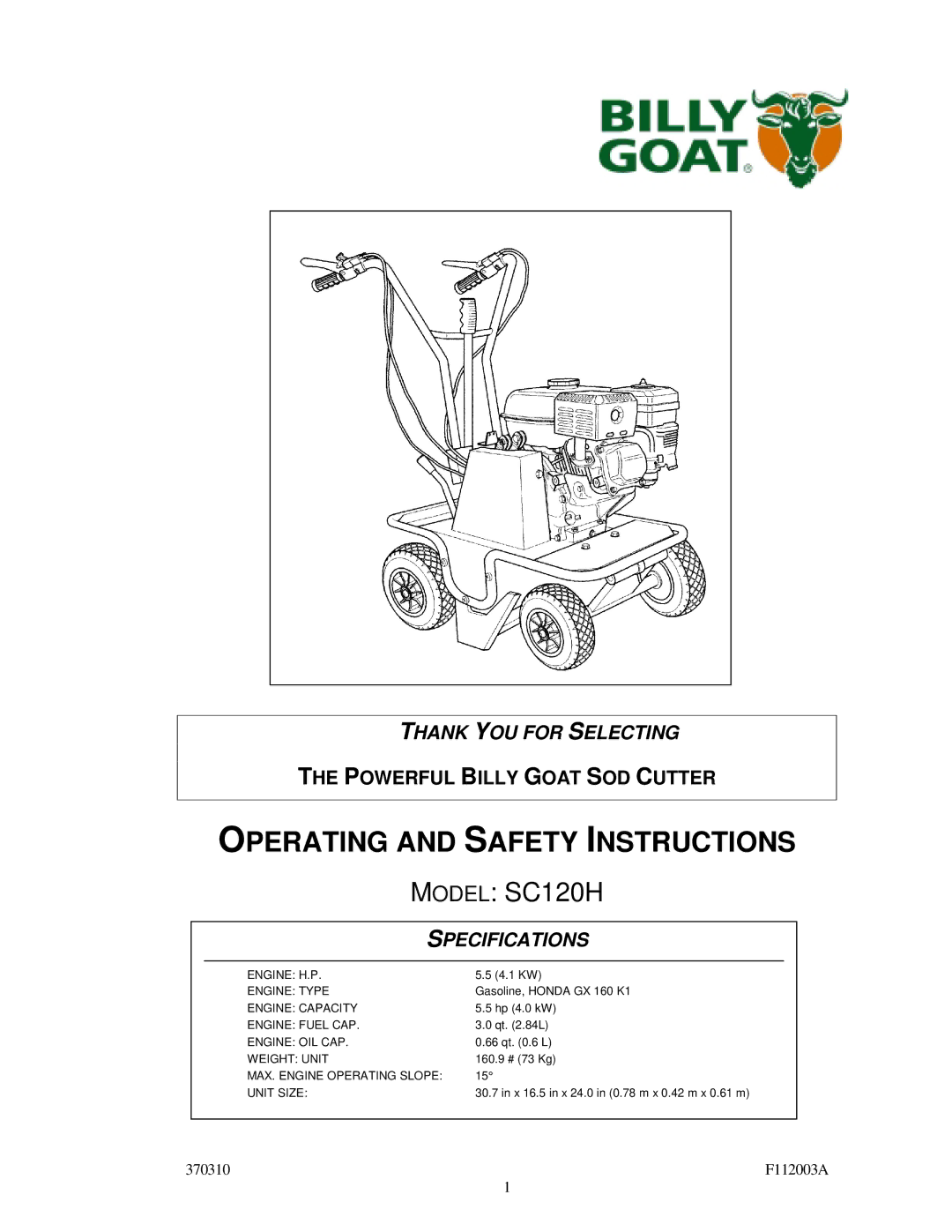 Billy Goat SC120H specifications Operating and Safety Instructions 